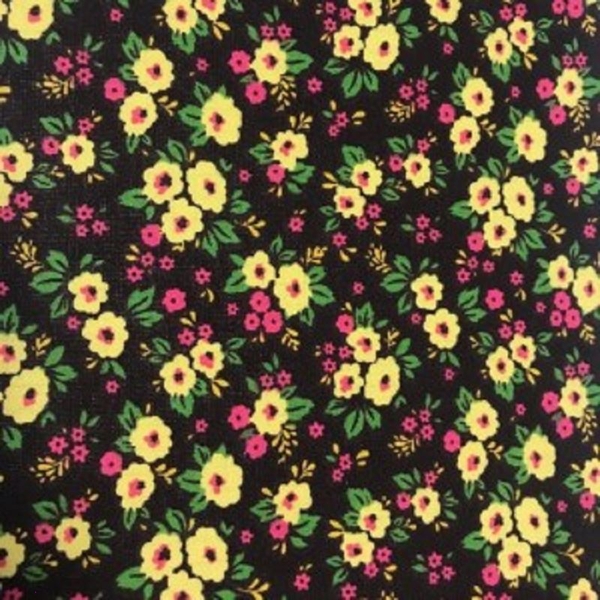 COUPON COTON FLEUR JAUNE NOIR 1M50 X 1M40