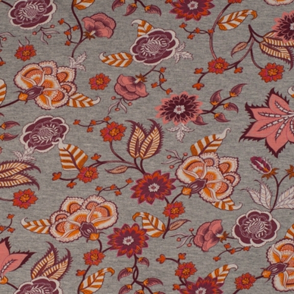 TISSU MOLLETON FLEUR ORANGE ET GRIS