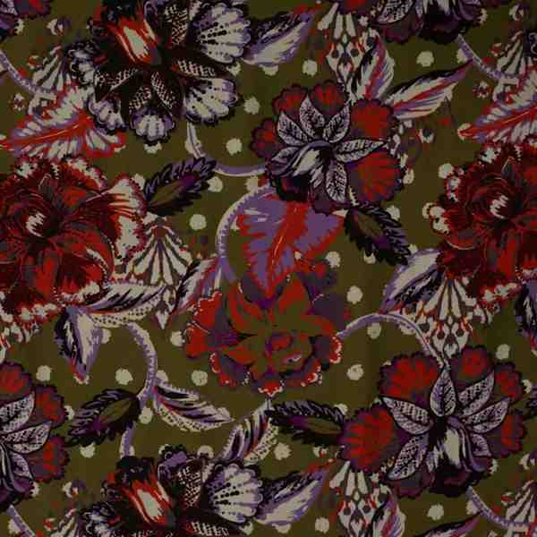 TISSU SERGE DE VISCOSE FLEURS CACHEMIRE KAKI