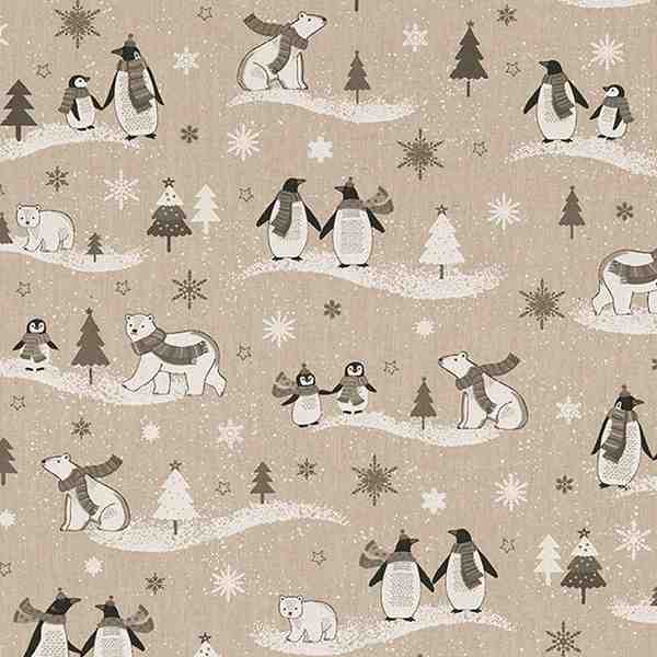 TISSU TOILE ASPECT LIN OURS POLAIRE ET PINGOIN 