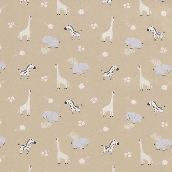 TISSU POPELINE COTON ZEBRE ELEPHANT GIRAFE BEIGE