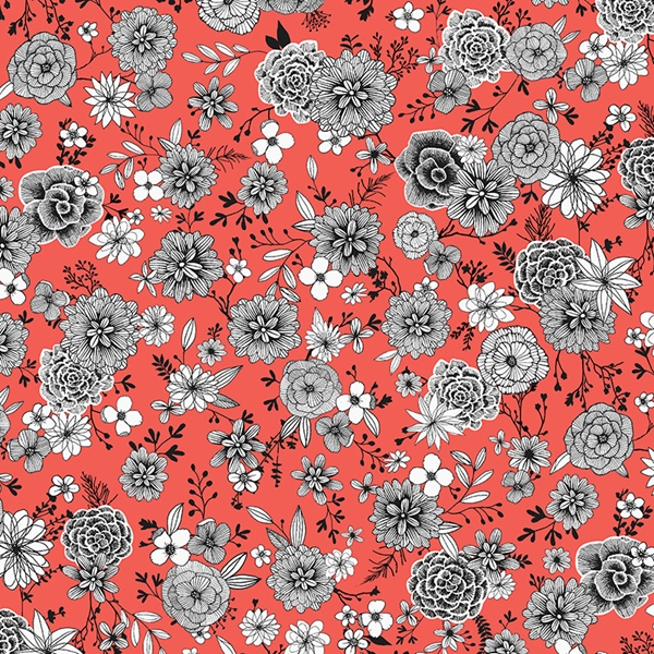 TISSU COTON FLORAL ORANGE CORAIL