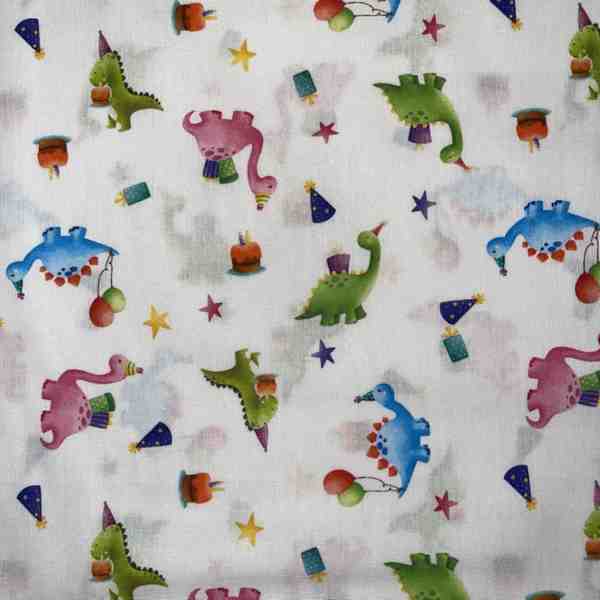 PERCALE DE COTON DINOSAURE ANNIVERSAIRE MULTICOLOR