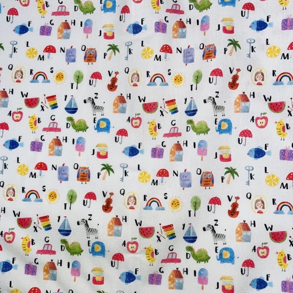 TISSU COTON ANIMAUX ALPHABET MULTICOLORE