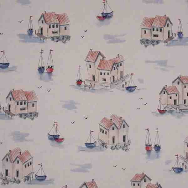 TISSU ASPECT LIN IMPRIMÉ MAISONS DE PÊCHEURS 