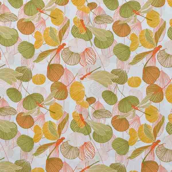 TISSU COTON FEUILLE ET INSECTE VERT ORANGE