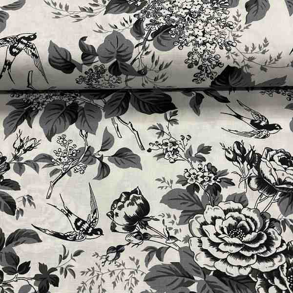 TISSU COTON IMPRIME HIRONDELLE ET FLEUR GRIS NOIR 