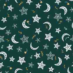 TISSU COTON ETOILE ET LUNE DE NOEL VERT BLANC OR