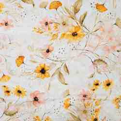 TISSU BRODERIE ANGLAISE IMPRIMEE FLEUR JAUNE