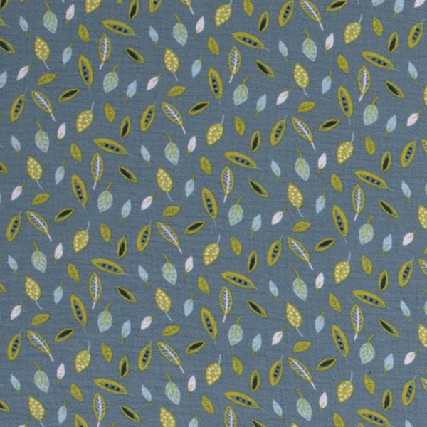 TISSU DOUBLE GAZE IMPRIMEE FEUILLE BLEU JEANS