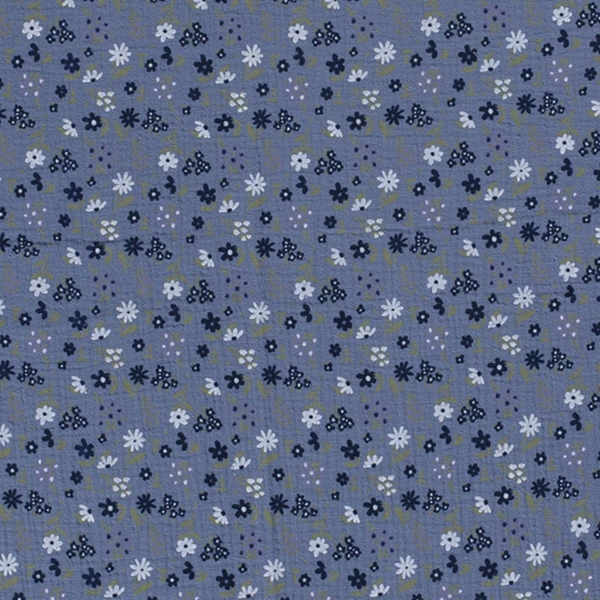 TISSU GAZE DE COTON PETITE FLEURETTE BLEU JEANS