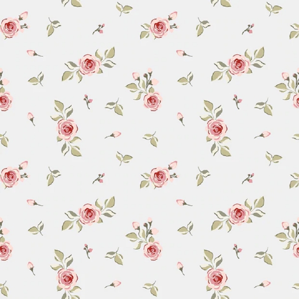 COTON IMPRIME BOUTON DE ROSE FOND BLANC