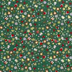TISSU NOËL COTON MOTIFS FESTIFS DORÉS FOND VERT