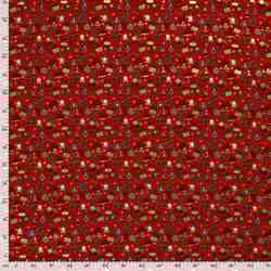 TISSU NOËL COTON GUIRLANDE CADEAUX & BOULES ROUGE