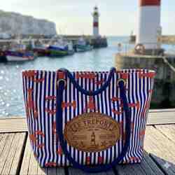 TISSU ASPECT LIN MOTIF HOMARDS RAYURES MARINES