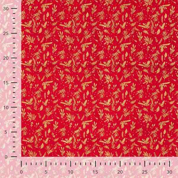 TISSU COTON NOEL FEERIQUE DORE FOND ROUGE