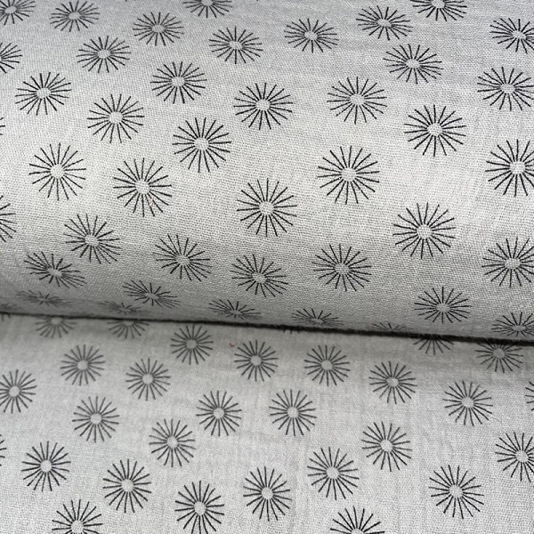 TISSU GAZE DE COTON IMPRIME SOLEIL FOND GRIS