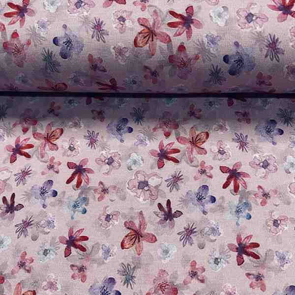 TISSU JERSEY IMPRIME FLEURS FOND ROSE