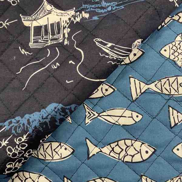 MATELASSÉ COTON ESTAMPE JAPONAISE BANC DE POISSONS