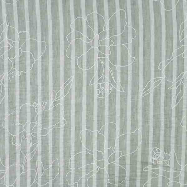 TISSU LIGNES RAYÉ FLOQUAGE FLORALE VERT SAUGE ECRU