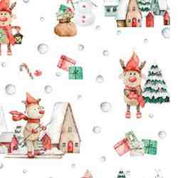 TISSU COTON ILLAGE DE NOËL AVEC RENNES ET CADEAUX
