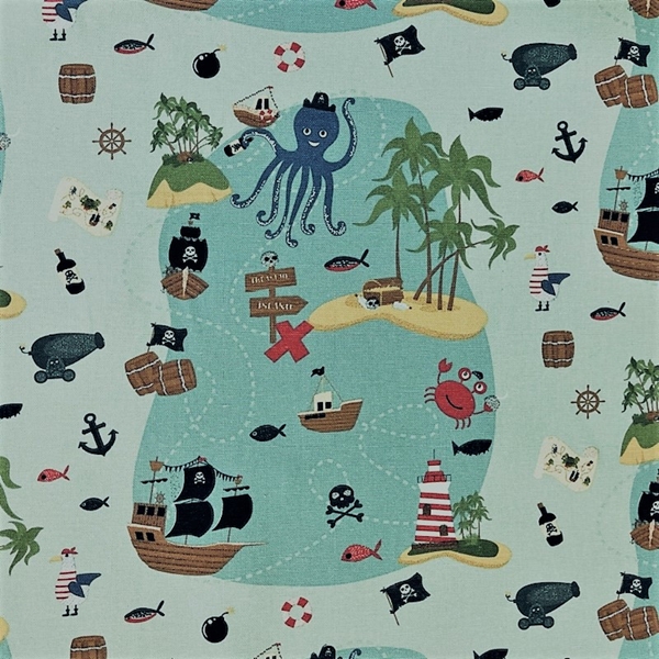 TISSU TOILE COTON CARTE AU TRESOR THEME MER