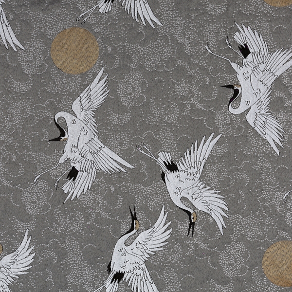 TISSU JACQUARD CIGOGNE FOND GRIS FILS UPCYCLES