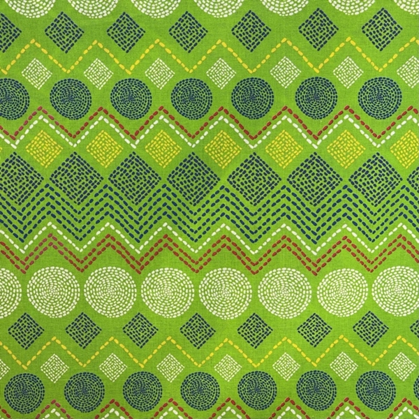 TISSU COTON GEOMETRIQUE FOND VERT MULTI