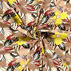 TISSU POPELINE DE VISCOSE FLEURS TROPICAL BEIGE