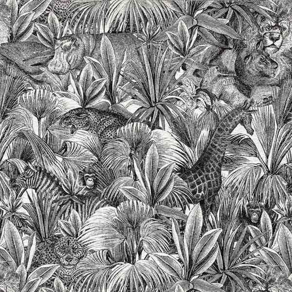TOILE ASPECT LIN  SAFARI NOIR ET BLANC