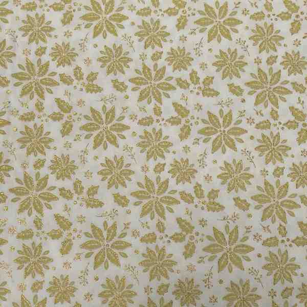TISSU COTON  FLEURS DE NOËL OR FOND ECRU