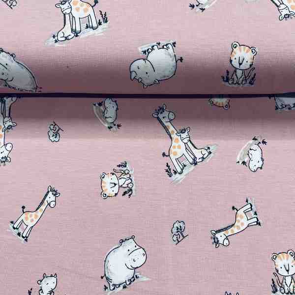 TISSU JERSEY COTON ANIMAUX SAVANE FOND ROSE