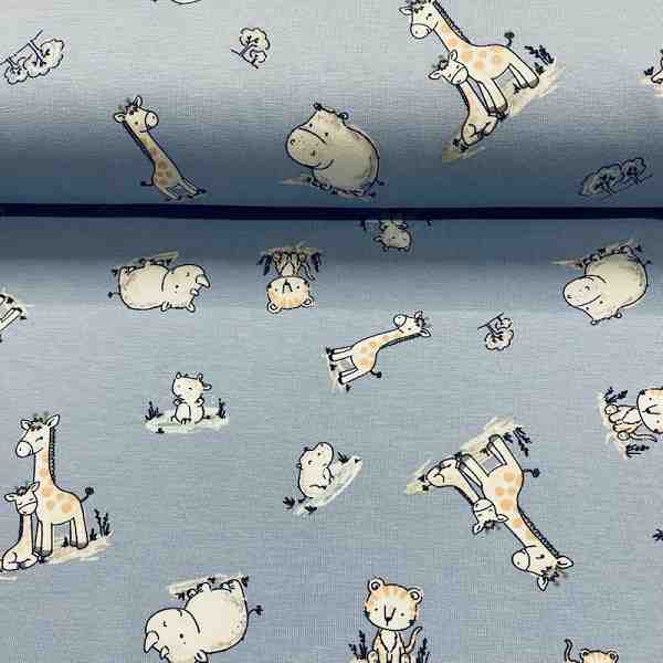 TISSU JERSEY COTON ANIMAUX SAVANE FOND BLEU