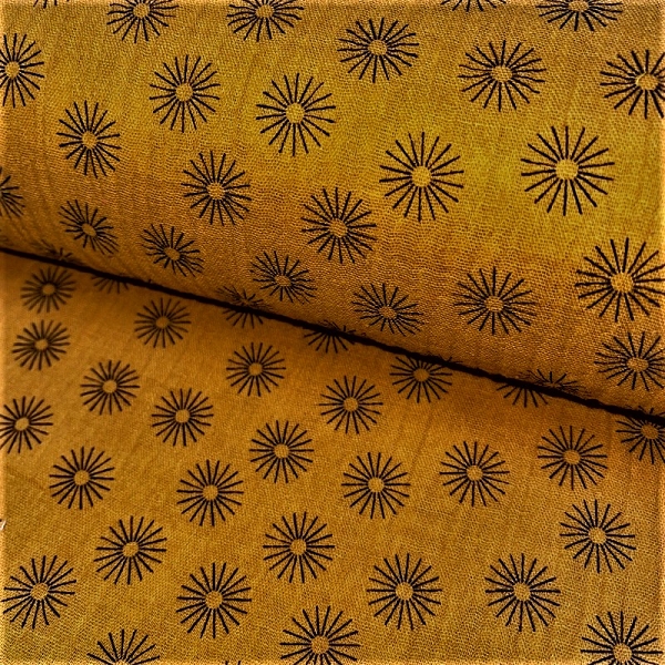 TISSU DOUBLE GAZE IMPRIME SOLEIL OCRE