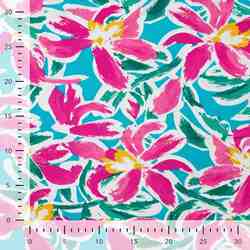 TISSU JERSEY VISCOSE FLORAL ROSE FUCHSIA TURQUOISE