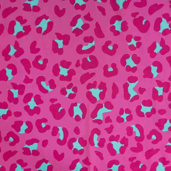 TISSU COTON IMPRIMÉ MOTIFS LÉOPARD ROSE TURQUOISE