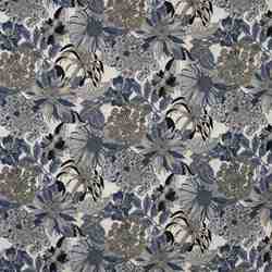 TISSU COTON LIN IMPRIMÉ FLORAL BLEU ET ÉCRU