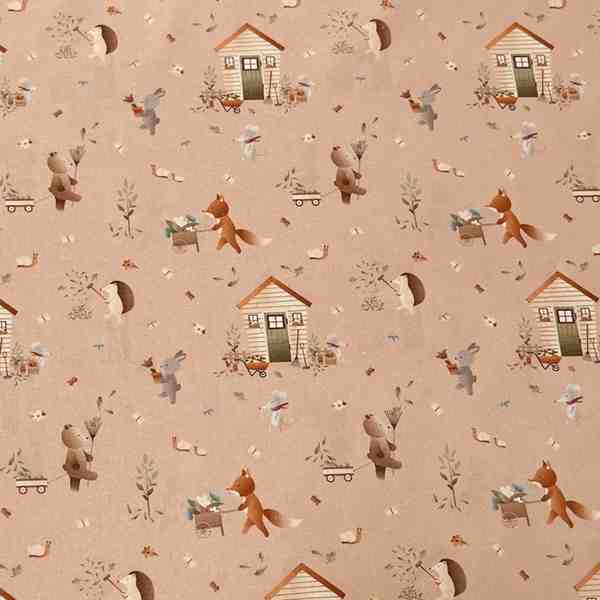 TISSU COTON JARDIN DES ANIMAUX – FOND PÊCHE PASTEL
