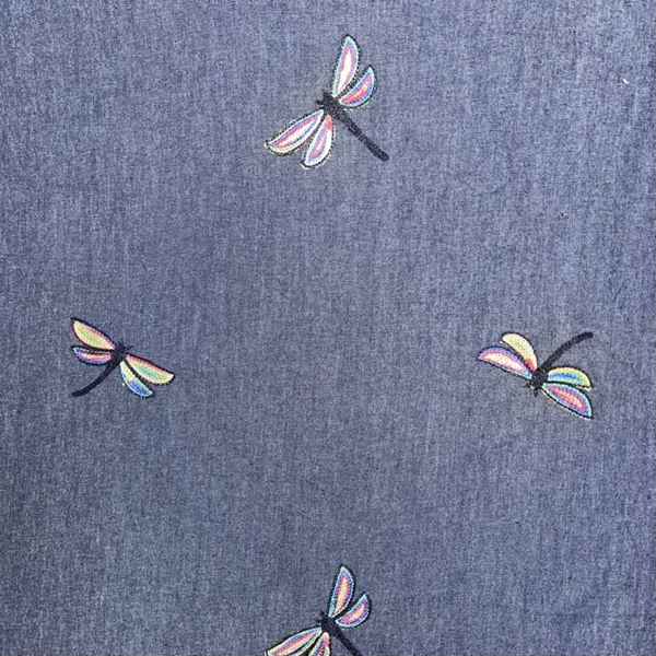TISSU JEANS BRODE LIBELLULES
