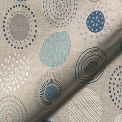 TISSU TOILE ASPECT LIN  CERCLES BLEUS 