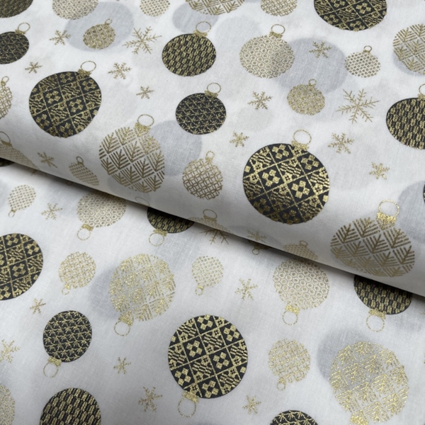 TISSU COTON IMPRIME DE NOEL BEIGE BOULE GRIS OR 