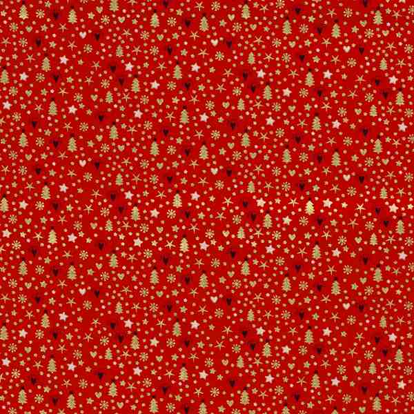 TISSU NOËL COTON DORÉS SAPINS & FLOCONS FOND ROUGE