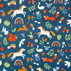 TISSU COTON CASSIOPEE LICORNE ET ANIMAUX PETROLE