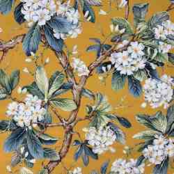 TISSU TOILE BACHETTE BRANCHE ET FLEUR FOND SAFRAN