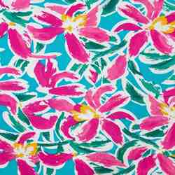 TISSU JERSEY VISCOSE FLORAL ROSE FUCHSIA TURQUOISE