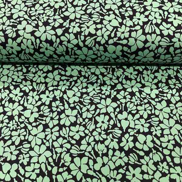 TISSU SATIN COTON FLEURS VERTES