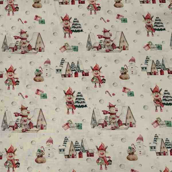 TISSU COTON ILLAGE DE NOËL AVEC RENNES ET CADEAUX