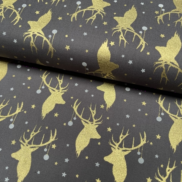 TISSU COTON IMPRIME DE NOEL CERF OR GRIS ACIER 