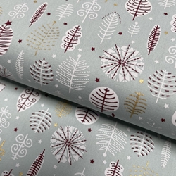 TISSU NOEL COTON FOND GRIS FEUILLES  OR