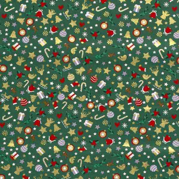 TISSU NOËL COTON MOTIFS FESTIFS DORÉS FOND VERT